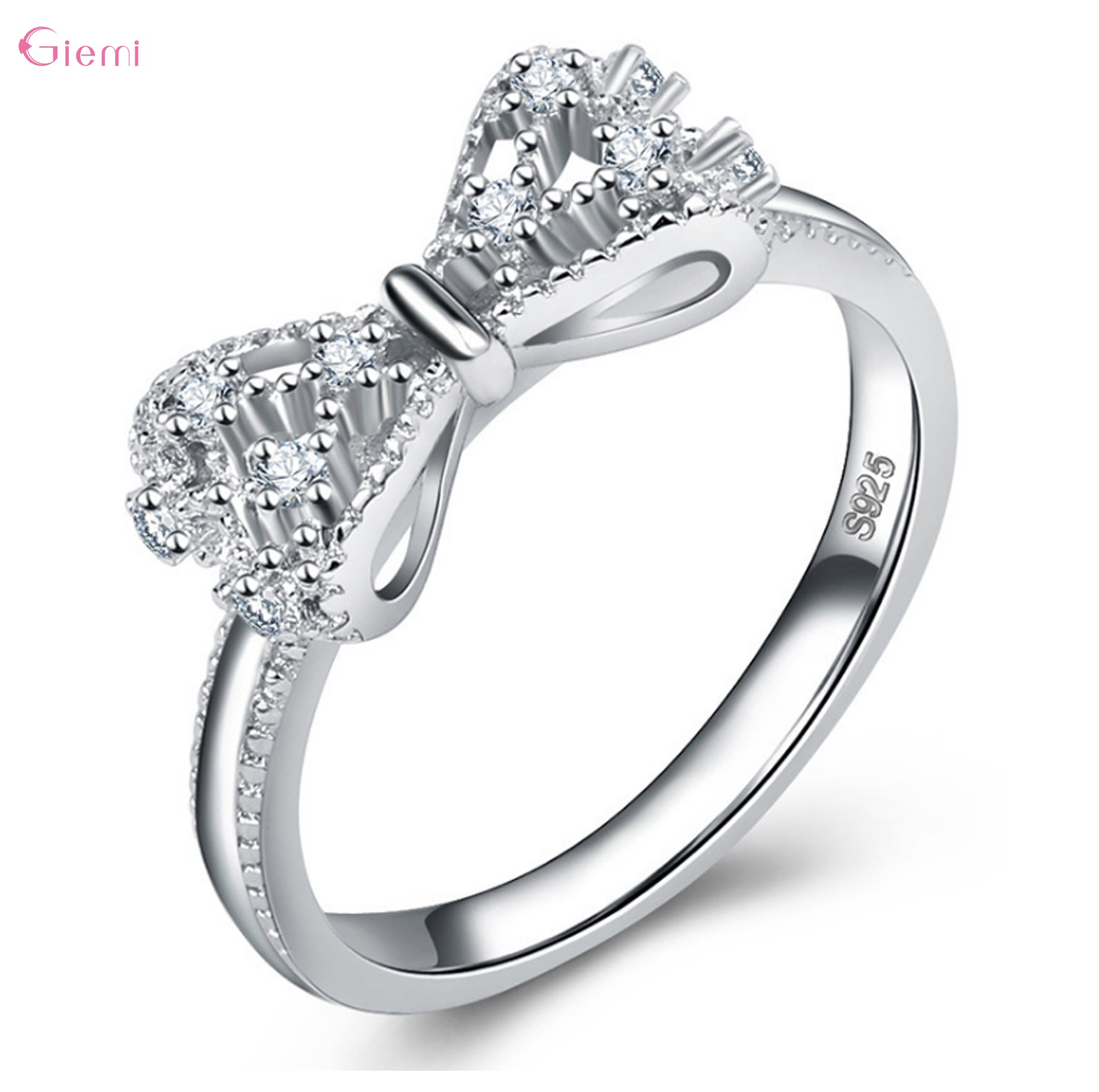 Anelli con strass in zirconi cubici con fiocco in argento sterling 925 per le donne Gioielli di fidanzamento di nozze alla moda