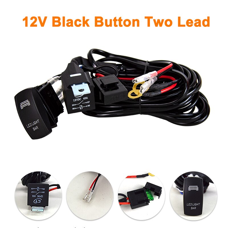 Willpower Car LED Light Bar Wire 3M 12V 40A Relay Fuse Wiring Harness Relay Loom Cable Kit for Auto Driving Offroad Work Lamp: Black Button 2 Lead