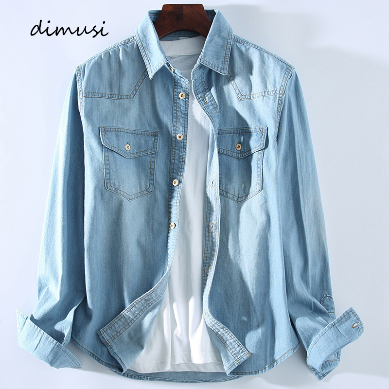 DIMUSI Mens Denim Shirt Tropical Casual Men Long Sleeve Windbreaker Shirt Male Cotton Cowboy Jean Shirts Clothing 3XL,YA934