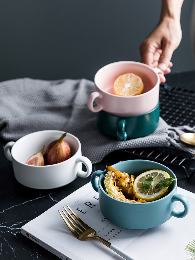 Europäischen Stil Keramik Binaurale Runde Backen Schüssel Gedämpfte Ei Nachtisch Kuchen Snack Schüssel Ofen Spezielle Suppe Frühstück Schüssel Geschirr
