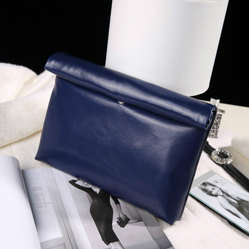 Kvinder pu læder dokumentmappe luksus håndtaske konvolut stor clutch pung taske rejse solid sort blå rød: Blå
