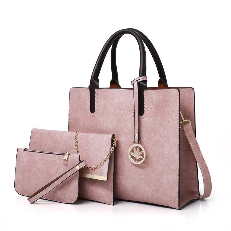 3 uds las mujeres bolsa de bolsa de bolso de cuero de poliuretano para mujer sólida bolsa de mensajero de color hombro cartera bolsas para las mujeres: Rosa