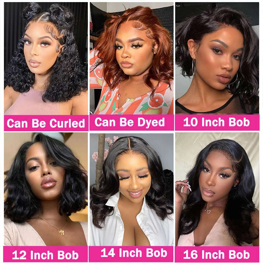 Kurze Bob-Perücke, Echthaar, 13 x 4 Spitzenfront-Perücke, gewellt, brasilianisches Remy, kurze Bob-Perücken, 200 Dichte, 4 x 4 Spitzenverschluss, Körperwellen-Perücken