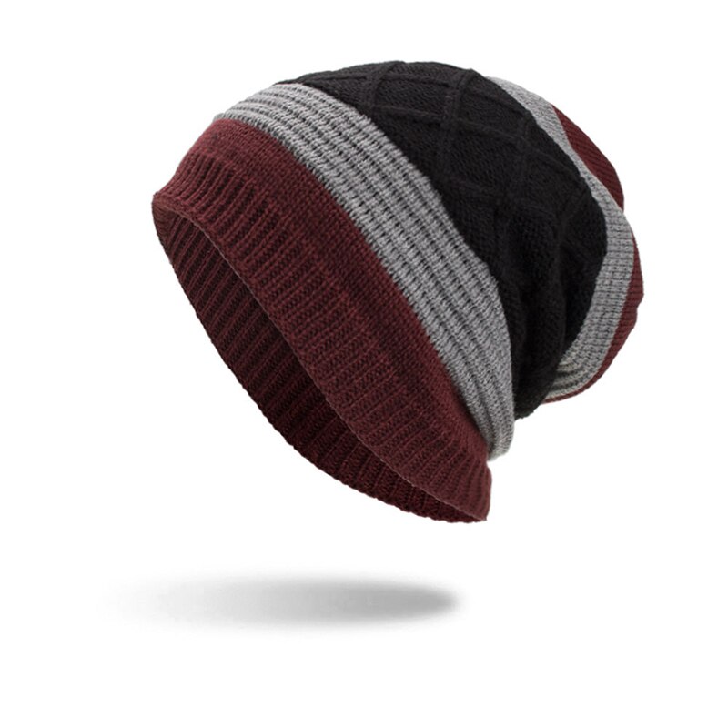 Mænds vinterhue strikkede sorte huer efterårshue tykkere varm ski vandrehjelm skullies hue bløde strikbeanies: Rødvin