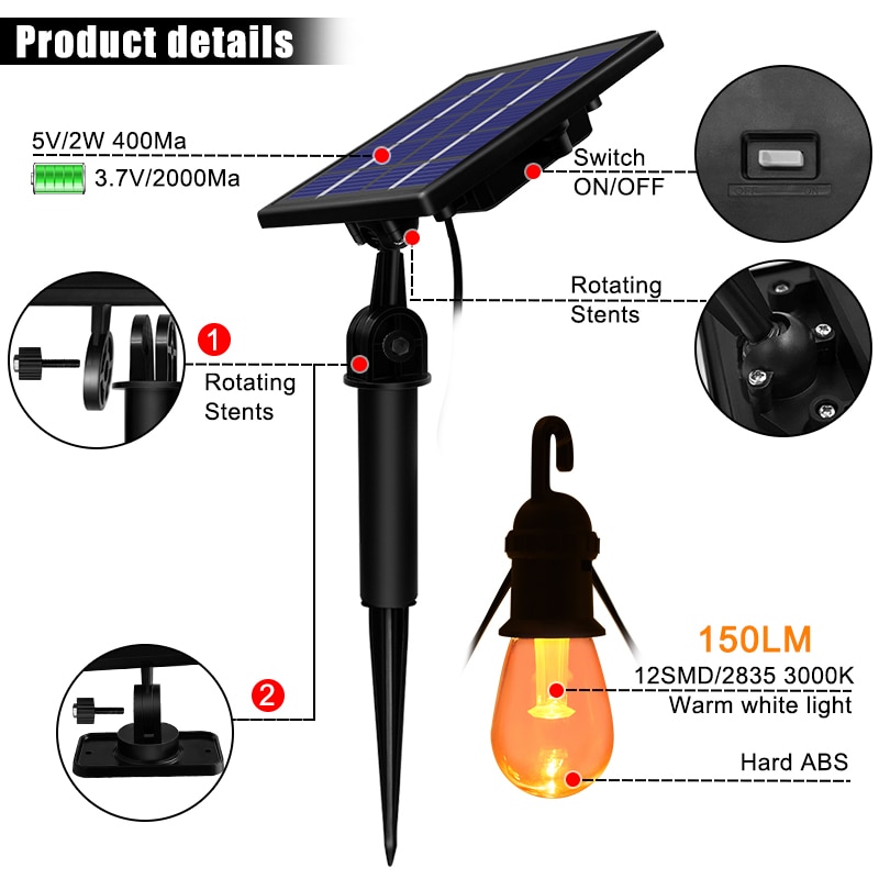 12 glödlampor solar ljusslinga vattentät edison 48ft solar glödlampor dekorationsbelysning för graden gård uteplats träd varmvit