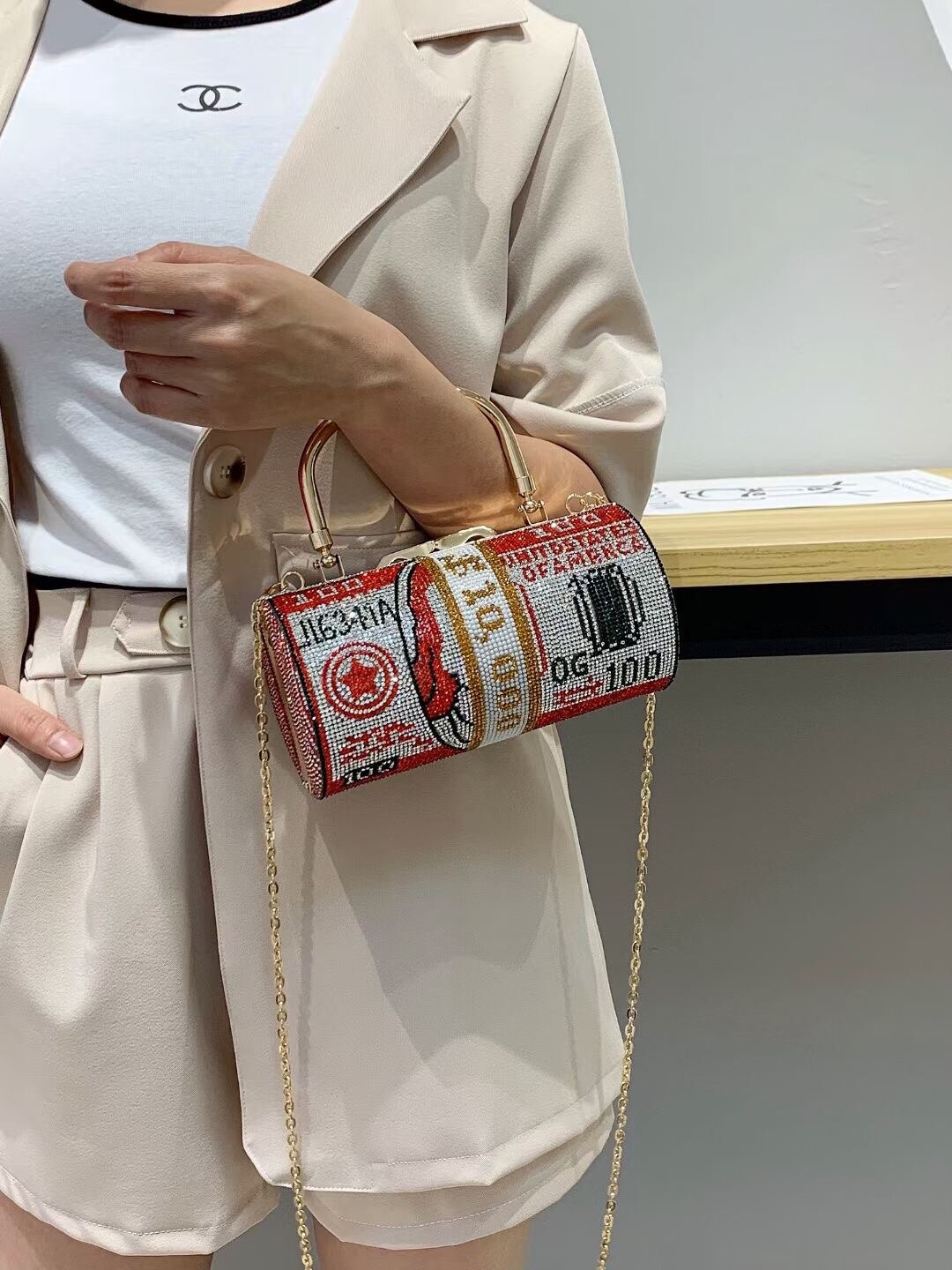 Female bag diamond-studded cylinder bag rhinestone bag dollar clutch bag evening dress shoulder bag dinner bag: Red