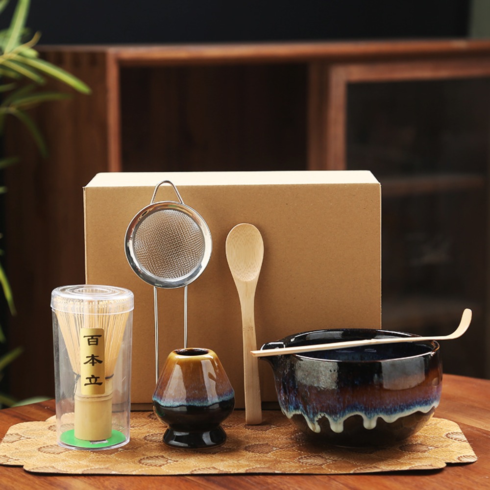 6PCS Ceramic Bamboo Japanese Matcha Tea Set Matcha Whisk Holder Reusable Matcha Whisk Set Matcha Bowl Whisk Teaspoon Tea Sets: Chocolate