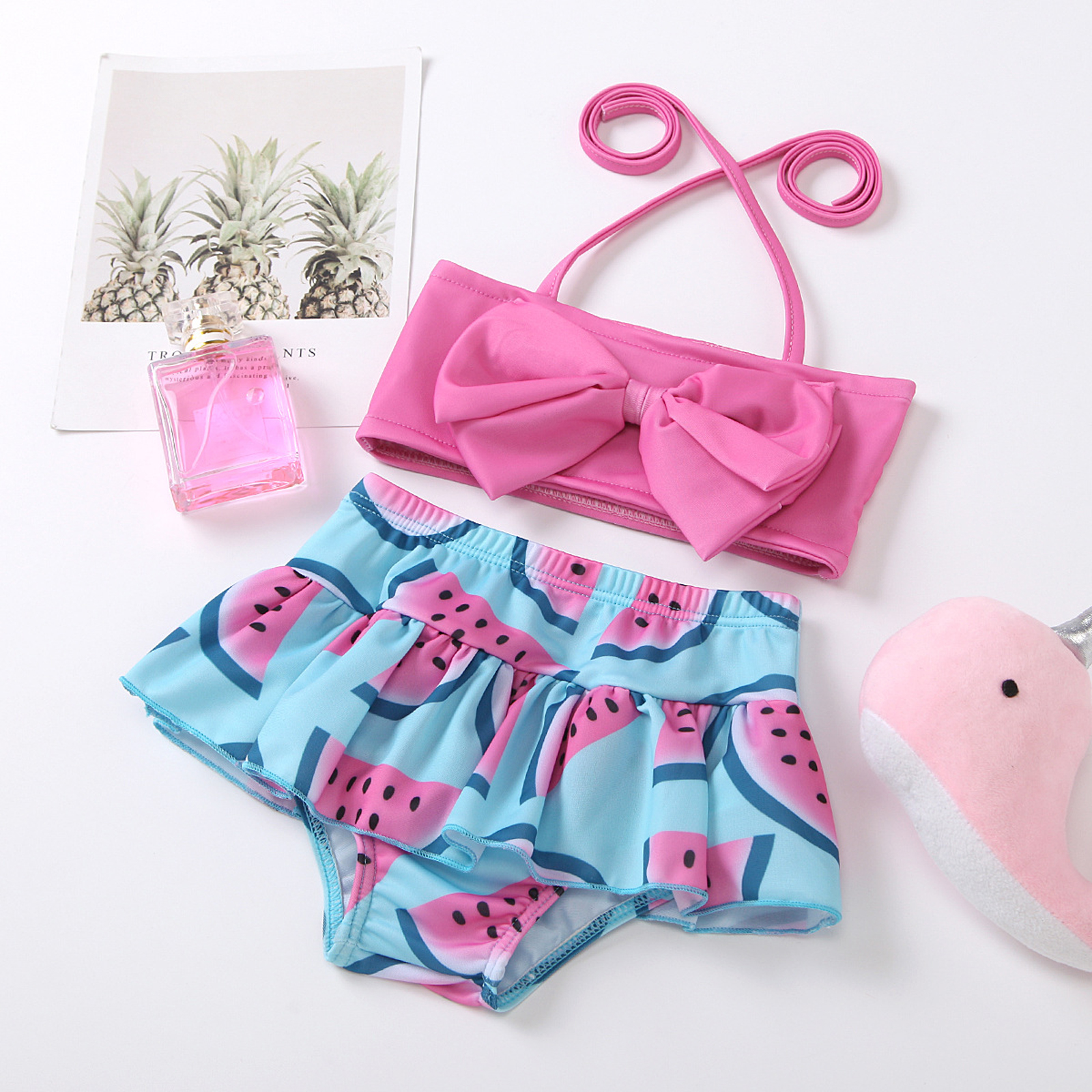 Girls Two-piece Swimming Clothes Set, Halter Neck Sleeveless Tops and Printed Pattern Shorts, Rosy/ Red/ Orange/ Yellow 6M-4T