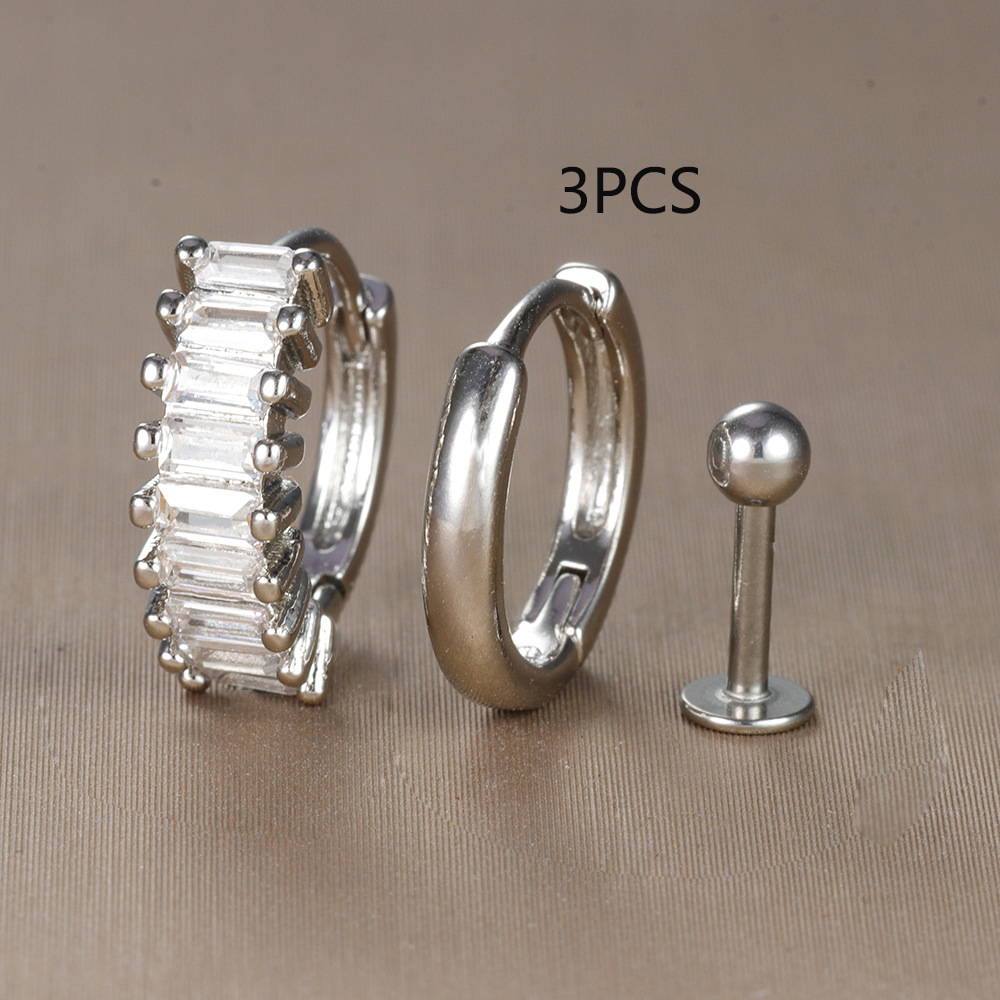 Conjunto de pendientes de aro de círculo redondo para mujer, aretes pequeños de acero inoxidable para Piercing de cartílago, joyería, 3 uds.: Bañado en rodio de imitación