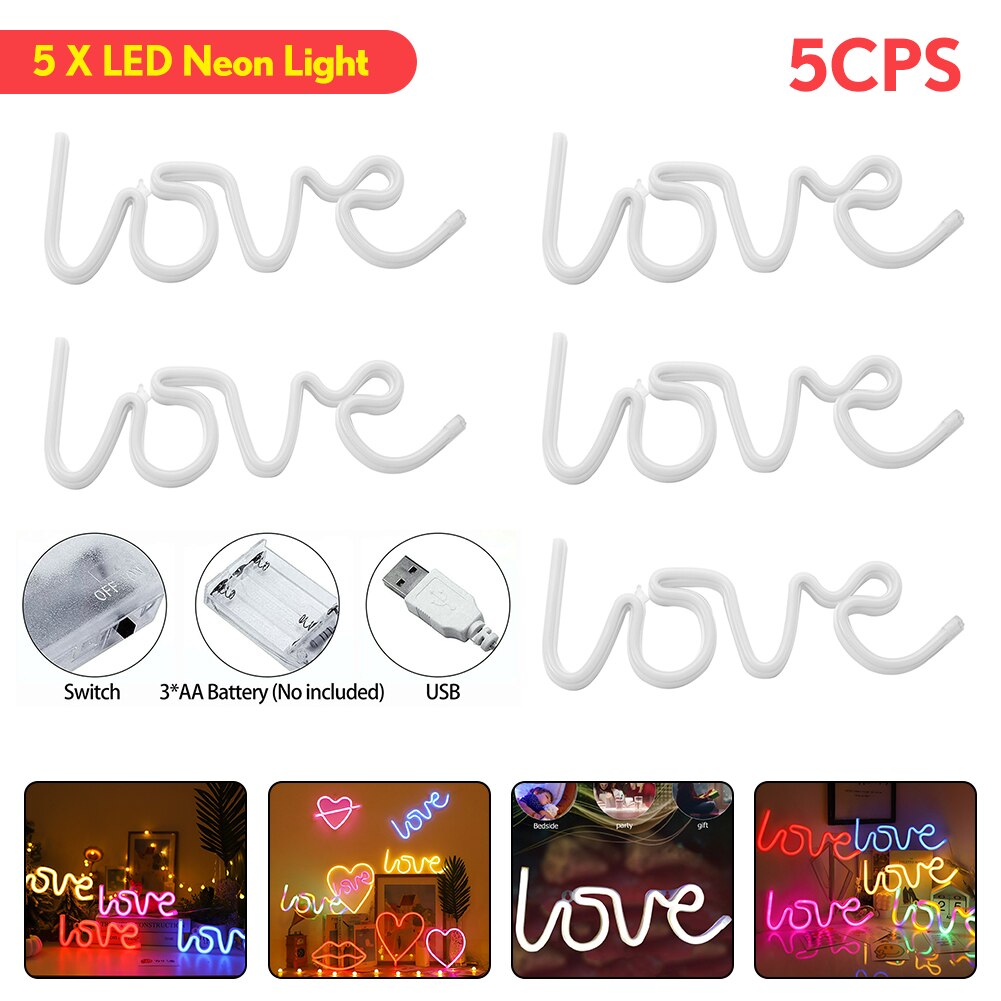 Romantic LOVE Letters LED Night Light USB Charging Home Decor Neon Lamp USB Charging battery box lamp Home led night lamp: 5PC Pink A 1.9 W