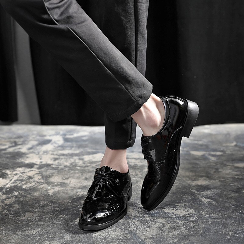Zapatos de oficina para hombre del Océano Pacífico, zapatos de vestir para hombre de cuero brillante Negro, zapatos de vestir transpirables de talla grande con punta estrecha, zapatos planos para boda