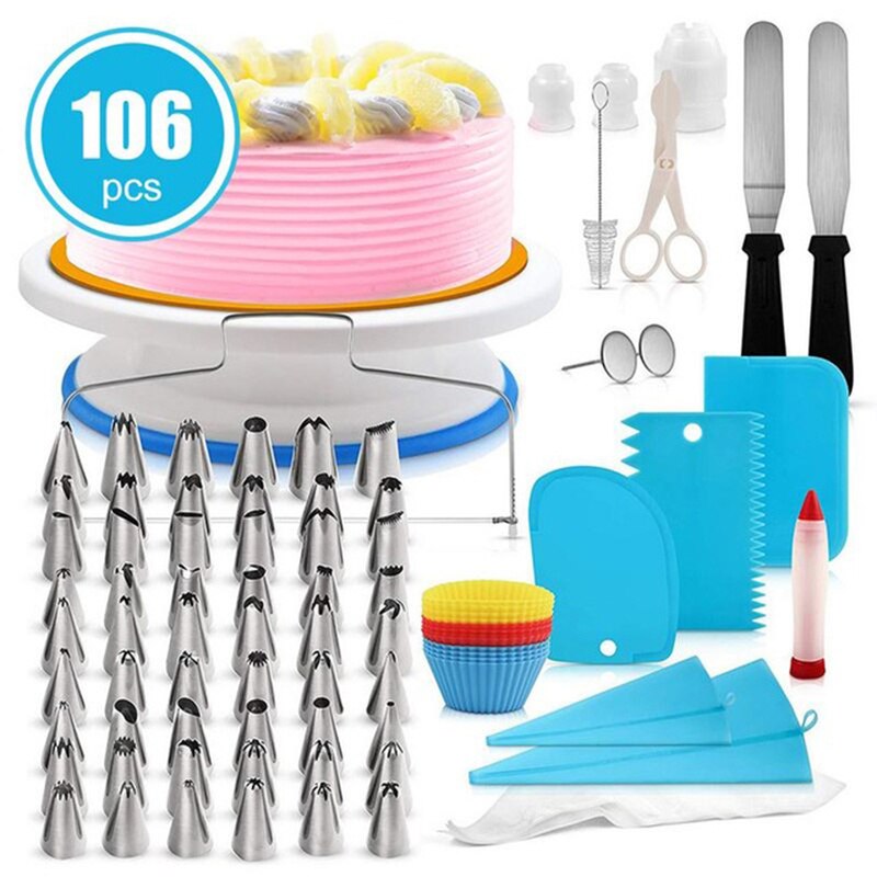 106 stuks Taart Decoreren Leveringen Taart Draaitafel Set Gebak Buis Fondant Tool Bakken Levert DIY Piping Nozzles Tips Gereedschap