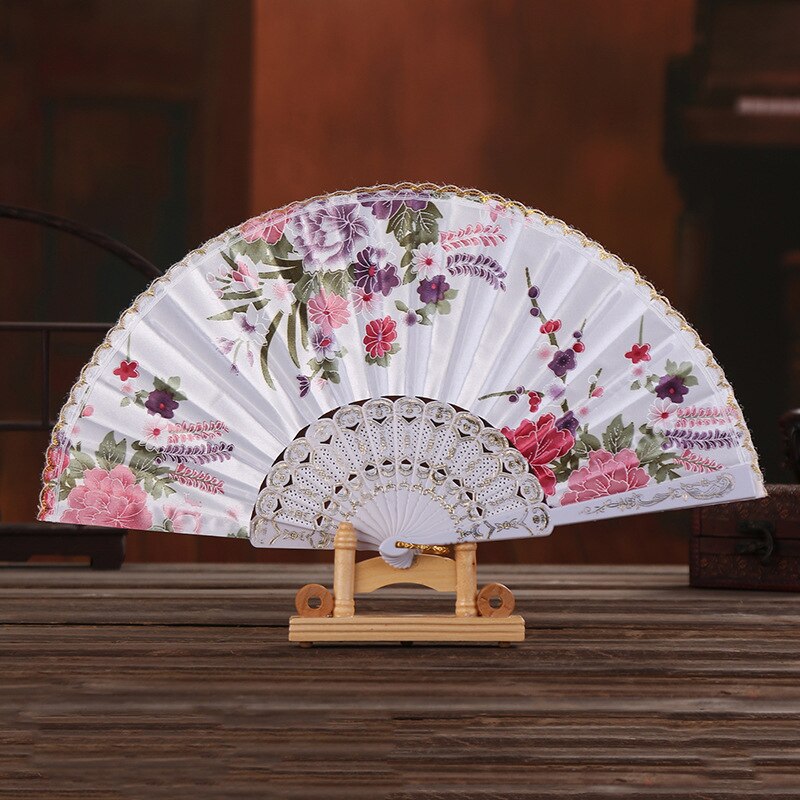 Chinese Style Printed Flower Fans Lace Silk Folding Hand Held Fans For Wedding Party Dance Performance Held Props Supplies
