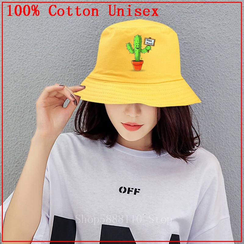 Chapeau Bob - Imprimé Cactus Free Hugs - Dessus Plat Décontracté - Coton Unisexe