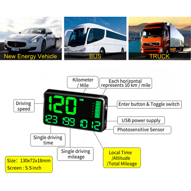 5.5 Inch Gps Snelheidsmeter C90 Snelheid Display Km/H Mph Voor Auto Fiets Motorfiets Gps Overspeed Alarm Hud Display auto Hud Display