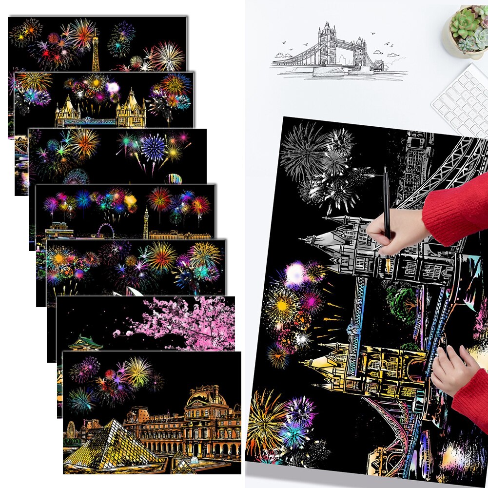 75 * 52Cm World Scenery City Scratch Art Painting Early Education Graffiti Drawing Adult Decompression Hand-Made Diy Scraping