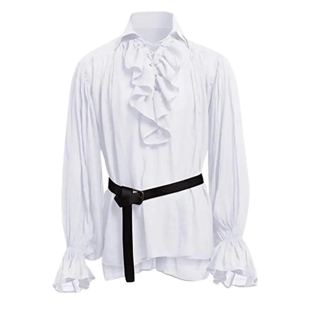 Chemises médiévales à volants gothique Steampunk victorien Pirate Cosplay Costume hommes hauts pantalons à lacets chemise Larp Vintage: M / Or