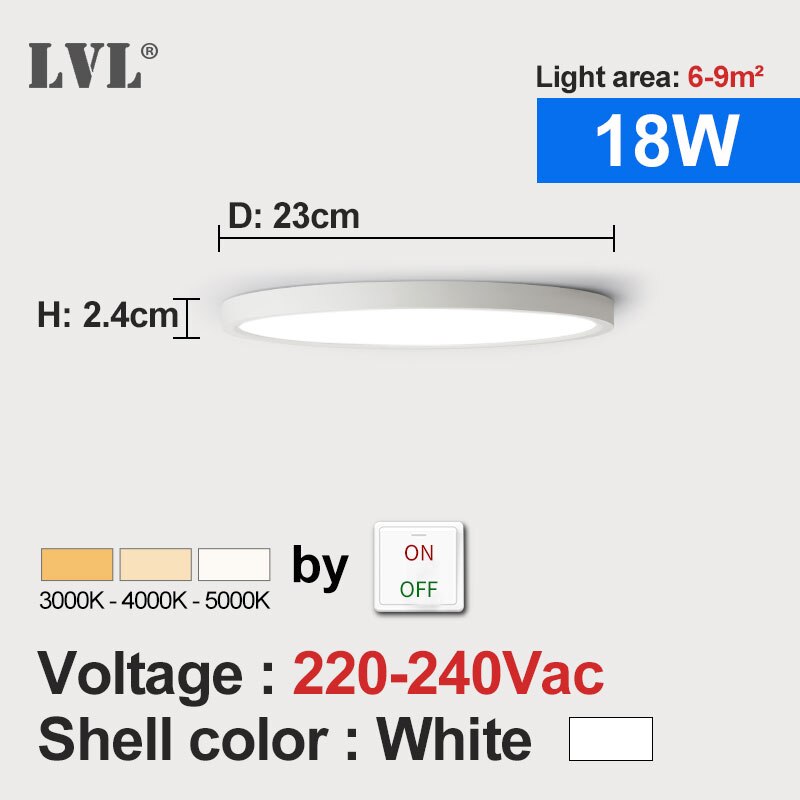 Førte ultra tyndt panel lys sort hvid skal 18w 24w 32w justerbar belysningsfarve til køkken soveværelse badeværelse panel lampe: 18w- hvide skal