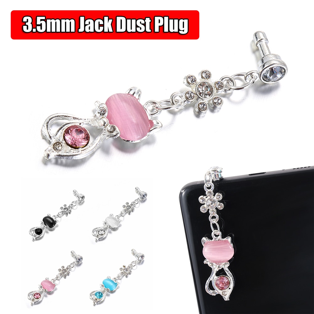3.5Mm Jack Leuke Strass Kat Stof Plug Oortelefoon Poort Universele Anti-stof Voor Samsung Iphone