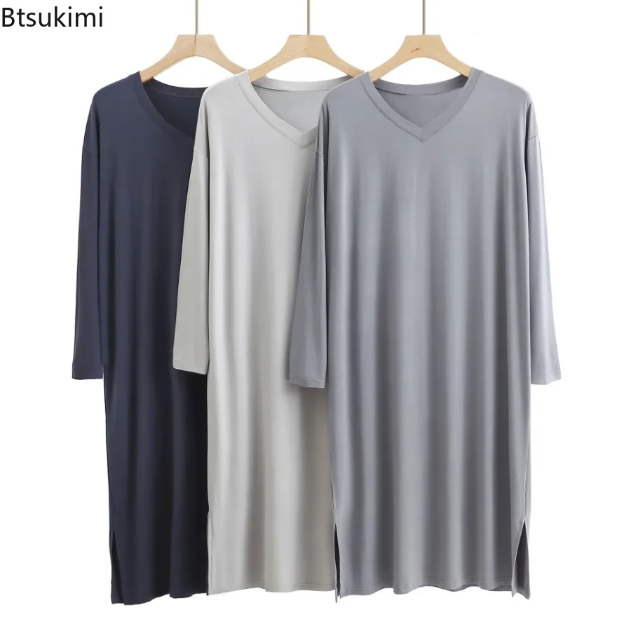 Men's Pajamas Robes Casual Mid-long Knee Length Modal Home Clothes Soft Smooth Stretch Bathrobes Male Sleepwear Dress