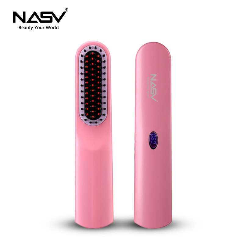 Profissional alisador de cabelo escova nasv mini flat iron usb recarregável portátil ferramentas estilo cabelo alisamento pente: Rosa