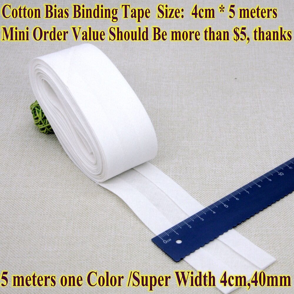 Ruban à biais en coton, taille 4cm, 40mm, 5 mètres, très large, pliable, pour bricolage, matériel de couture, fait à la main: White 5m