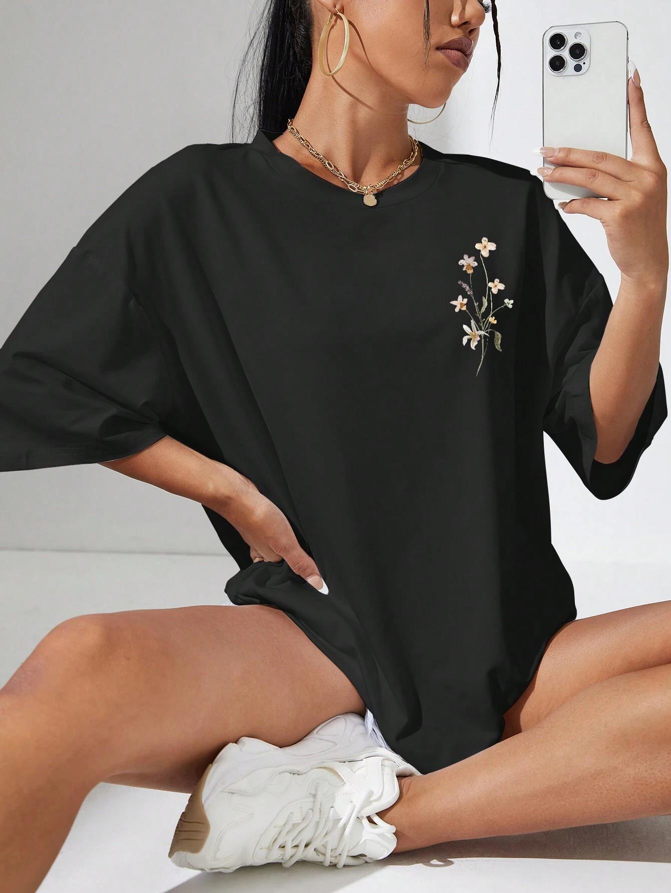 Lindas clusters de flores estampadas de algodão camisetas femininas casuais respiráveis macias manga curta tops soltos e confortáveis roupas de rua