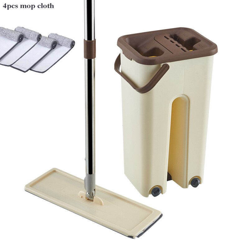Flat Hand Free Wringing Squeeze Mop with Bucket Floor Cleaning Mop of Microfiber Mop Cloth Wet Dry For Kitchen Tile Wooden Floor: beige 4 mob cloth