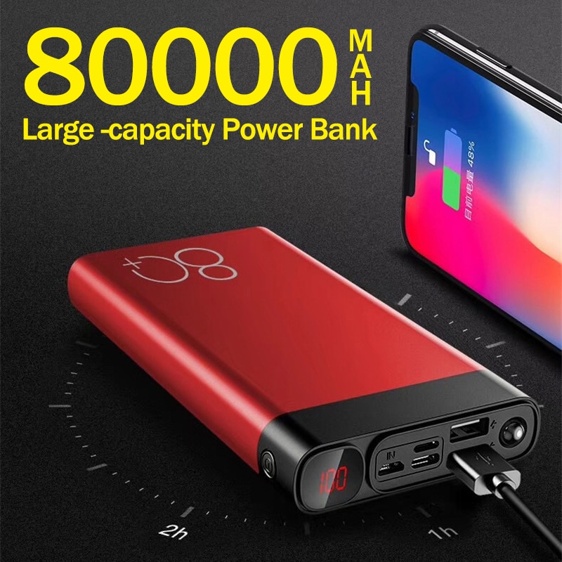 80000mAh Power Bank Portable Large Capacity Phone Charger Digital Display LED Lighting Travel PoverBank for Xiaomi Mi IPhone