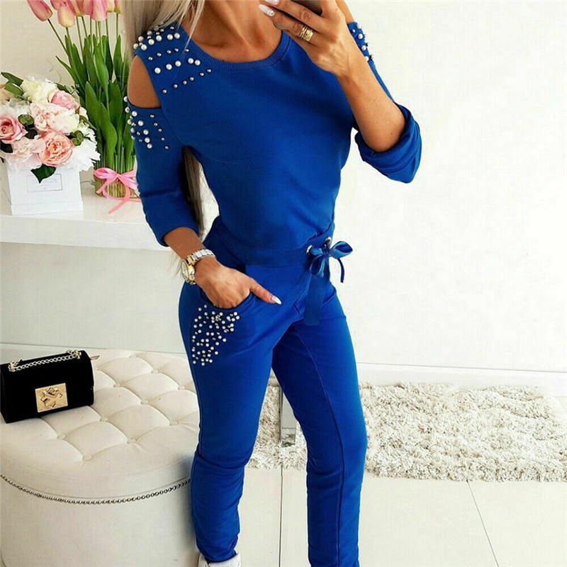 Autumn Tracksuit Set Women Long Sleeve Pearl Sweatshirts &Sweatpants Two Piece Set Casual matching sets Streetwear