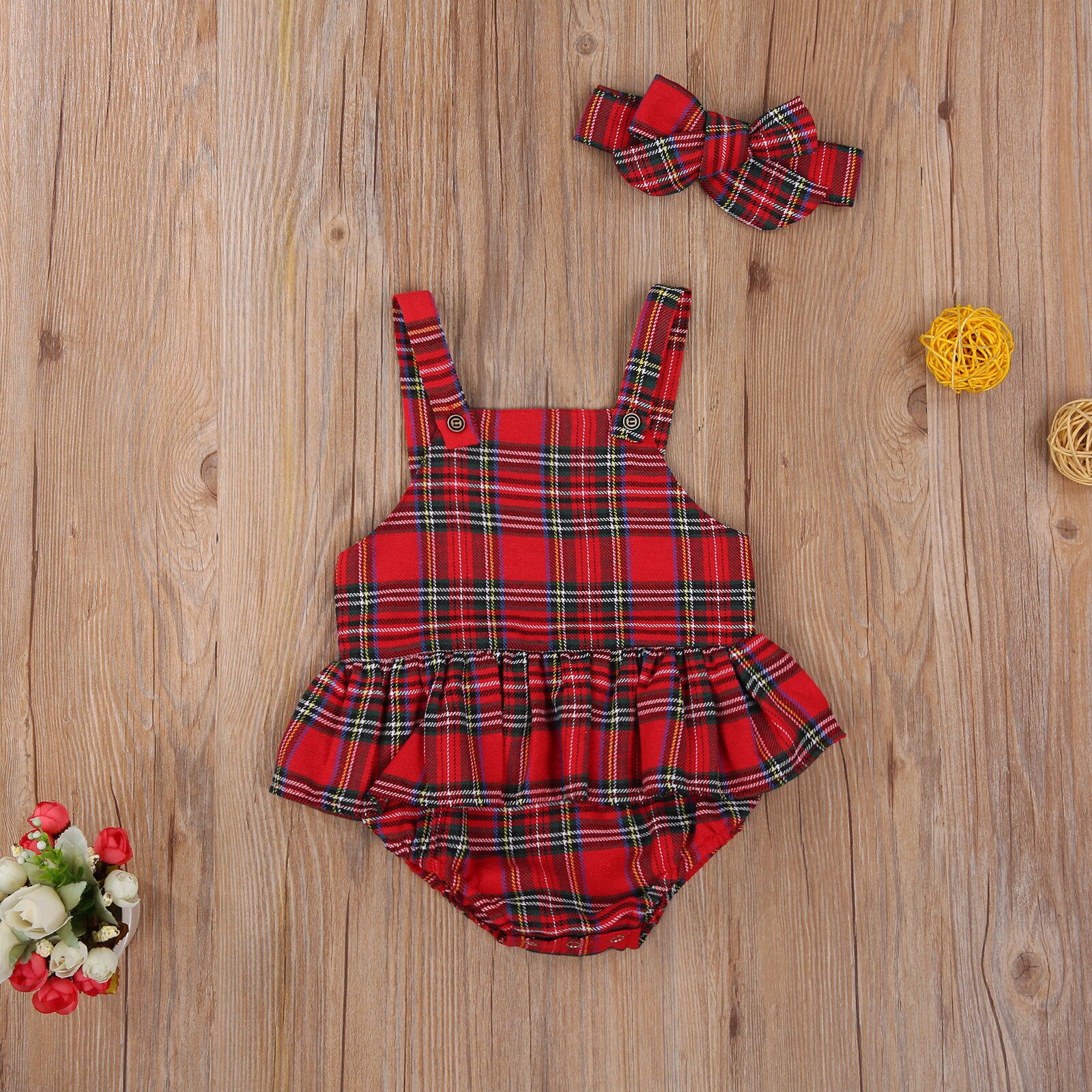 FOCUSNORM Christmas Baby Girls Boys Party Bodysuits One Piece Sleeveless Ruffles Plaid Print Backless Jumpsuits 0-24M