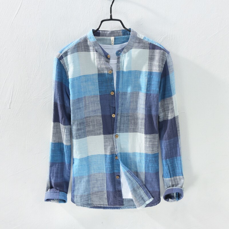 Langærmet plaid skjorte vintage herre skjorter linned løse åndbare herre skjorter afslappet vinter skjorter mænd: Blå / Xxl