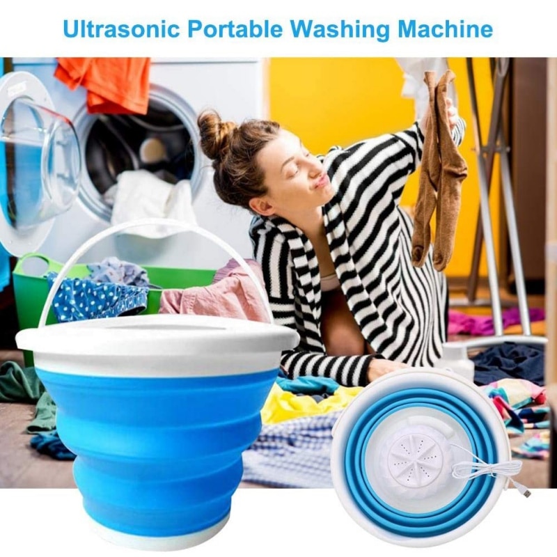 2 In 1 Draagbare Wasmachine Met Opvouwbare Bad Ultrasone Turbine Washer Usb Powered 10L Capaciteit Voor Thuis Badkamer