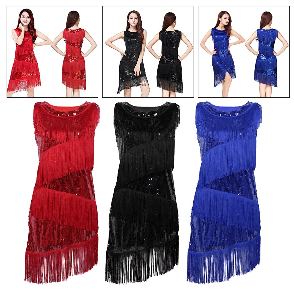 Women Fringed Latin Dance Dress Ballroom Cocktail Party Costume Dress