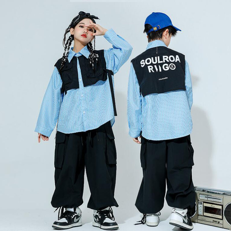 Camisa verde de gran tamaño con cordones para niños, pantalones Cargo informales para correr, ropa de calle de Jazz, disfraz de baile, Hip Hop