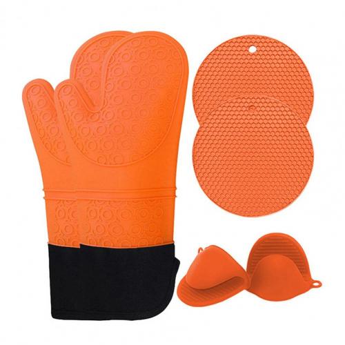 5Pcs/Set Oven Mitts Flexible Heat Insulation Silicone Extra Long Mittens Gloves Pot Holders Placemat for Kitchen: Orange