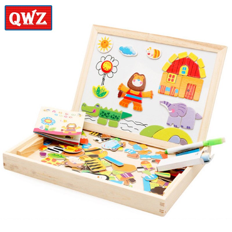 Multifunctional Wooden Magnetic Puzzle Toys Children 3D Puzzle Figure/Animals/ Vehicle /Circus Drawing Board Learning Wood Toys: QWZ091-forest-N