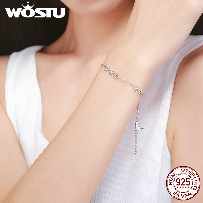 Wostu merk echt 925 sterling zilveren maan & sterren verstelbare kettingarmband voor vrouwen fijne sieraden jaar cqb 007