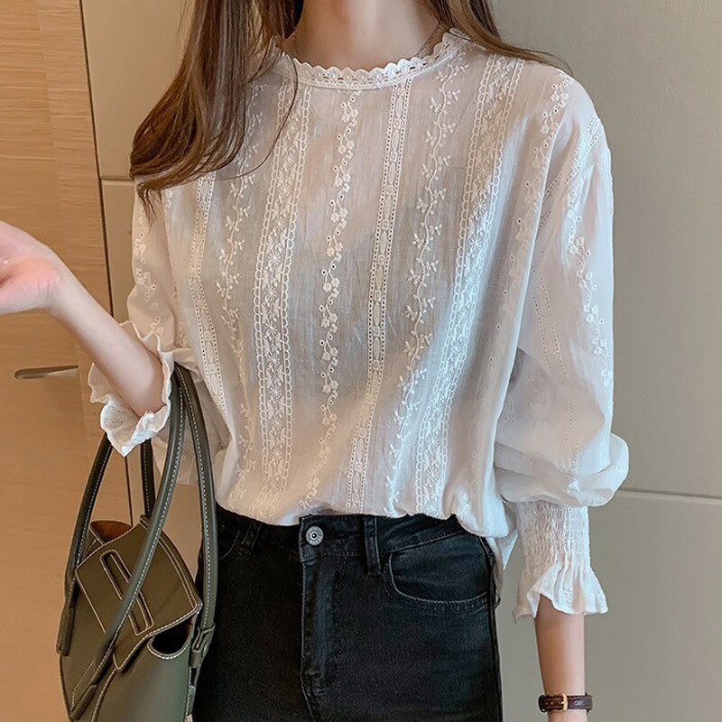 Estilo Vintage de encaje camisa manga hueco blanco Blusa Casual ropa nueva de Tops de encaje de mujer Blusa de mujer blusas: 4XL