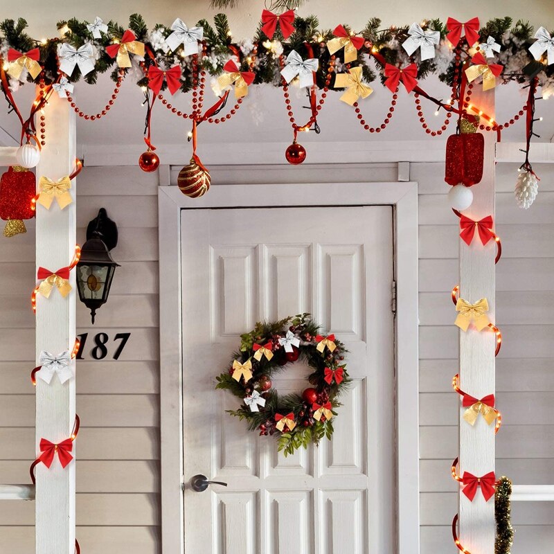 48 stuks kerstlinten, strikken, ornamenten, kerstboomdecoratie, cadeaus, inpakmateriaal, knutselspullen ((4 kleuren)