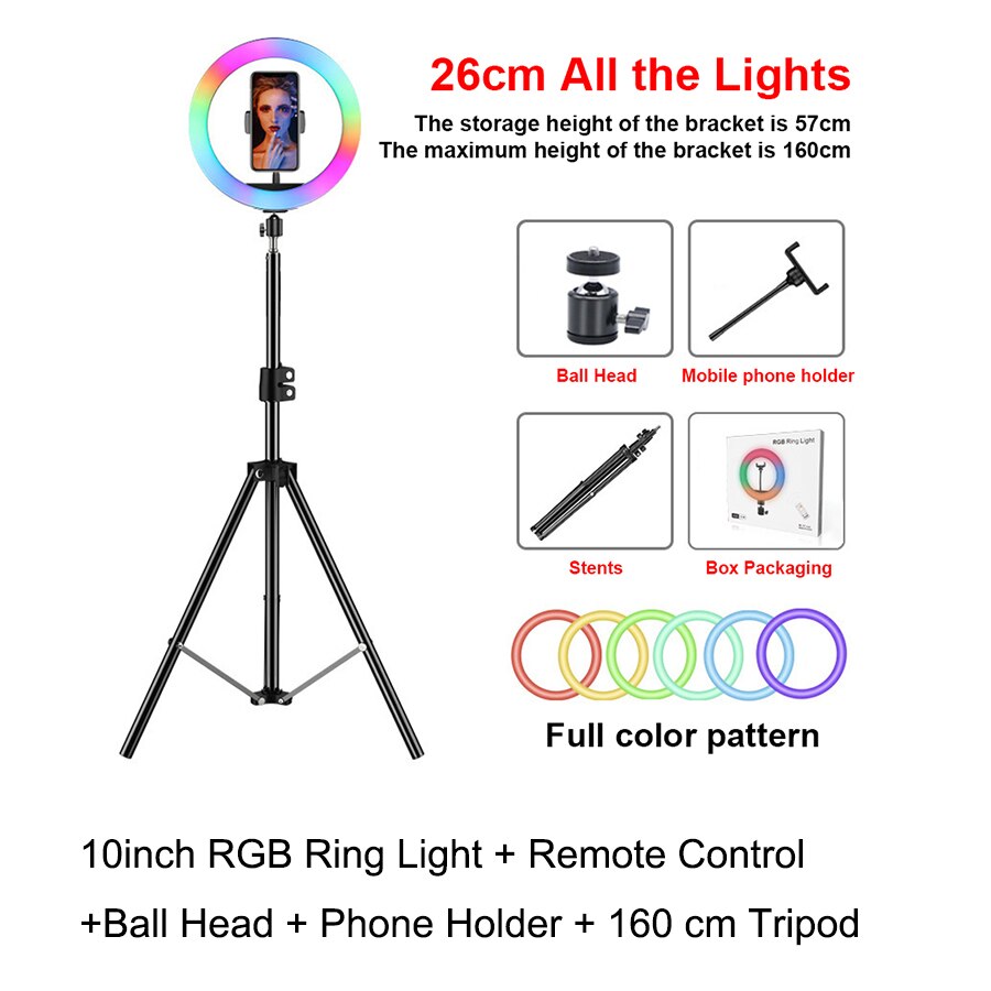 10 inch RGB Circle Fill Light Selfie Ring Light Colorful Lamp with Tripod Stand Dimmable Neon Sign For Youtuber Tik Tok Live: B Set