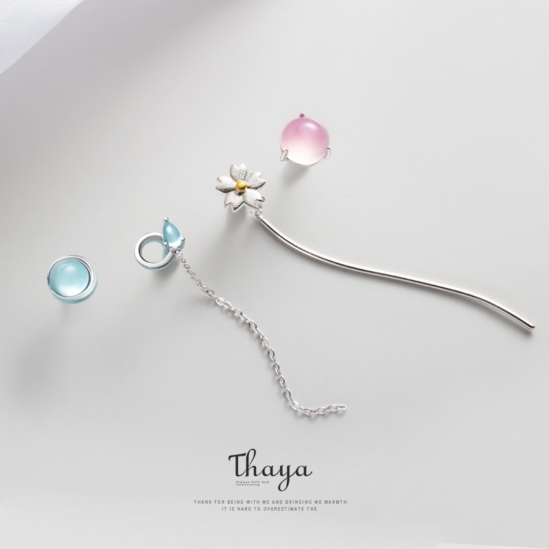 Thaya Asymmetrische Mode Oorbel Sets 925 Zilveren Bloem En Water Maan Oorbel Stijlen Voor Vrouwen Oorspronkelijke