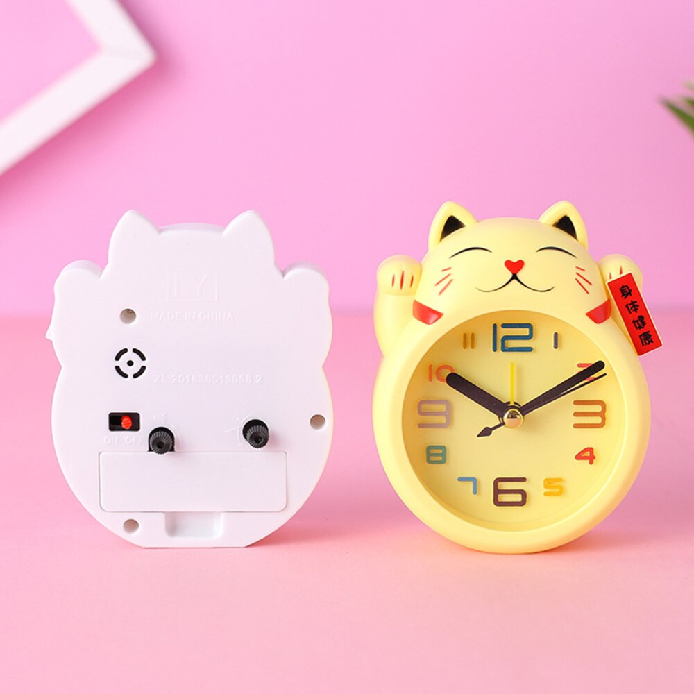 1pc Lucky Cat Alarm Clock Desk Clock Cute Cartoon Cat Shape Alarm (White without Battery Random Font Style): White