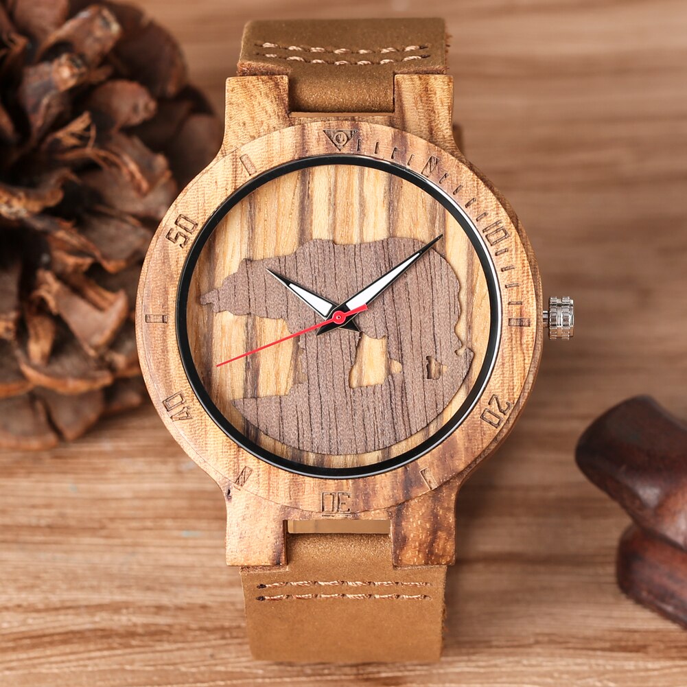 Montre classique en bois de Quartz pratique ours polaire lumineux Silhouette Unique en trois dimensions montre en bois hommes horloge