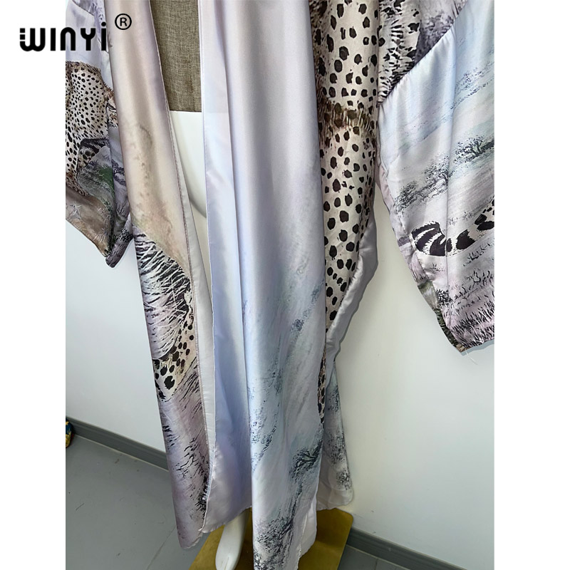 Winyi Herfst Tiger Printing Beach Wear Swim Pak Elegante Afrika Vrouwen Boho Vest Sexy Lange Mouw Kimono Jurk