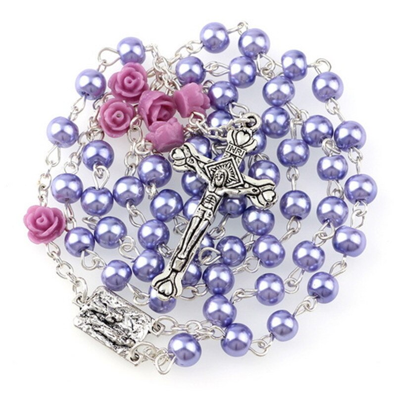 6 stili 6mm croce rosario collana imitazione perla fiore rosa vergine maria ciondolo gioielli religiosi cattolici regalo per le signore: Style3-Purple