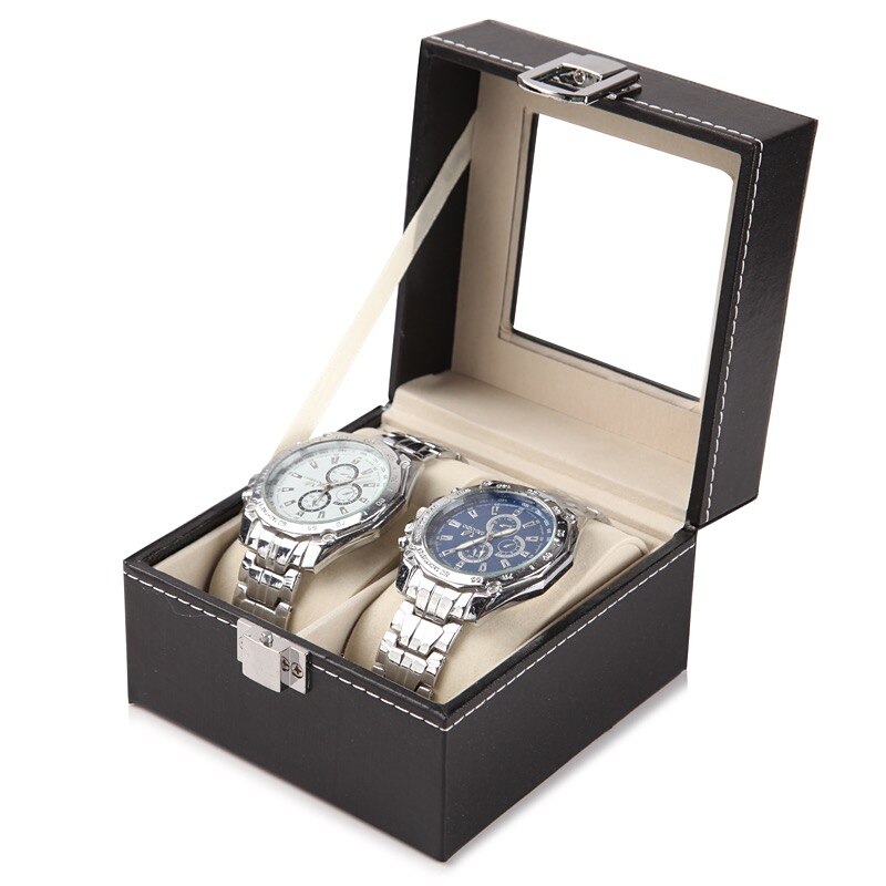 Lederen Horloge Organizer Met Glas heren Horloge Opbergdozen Houder Case Horloge En Sieraden Verpakking gevallen: 2 Slots