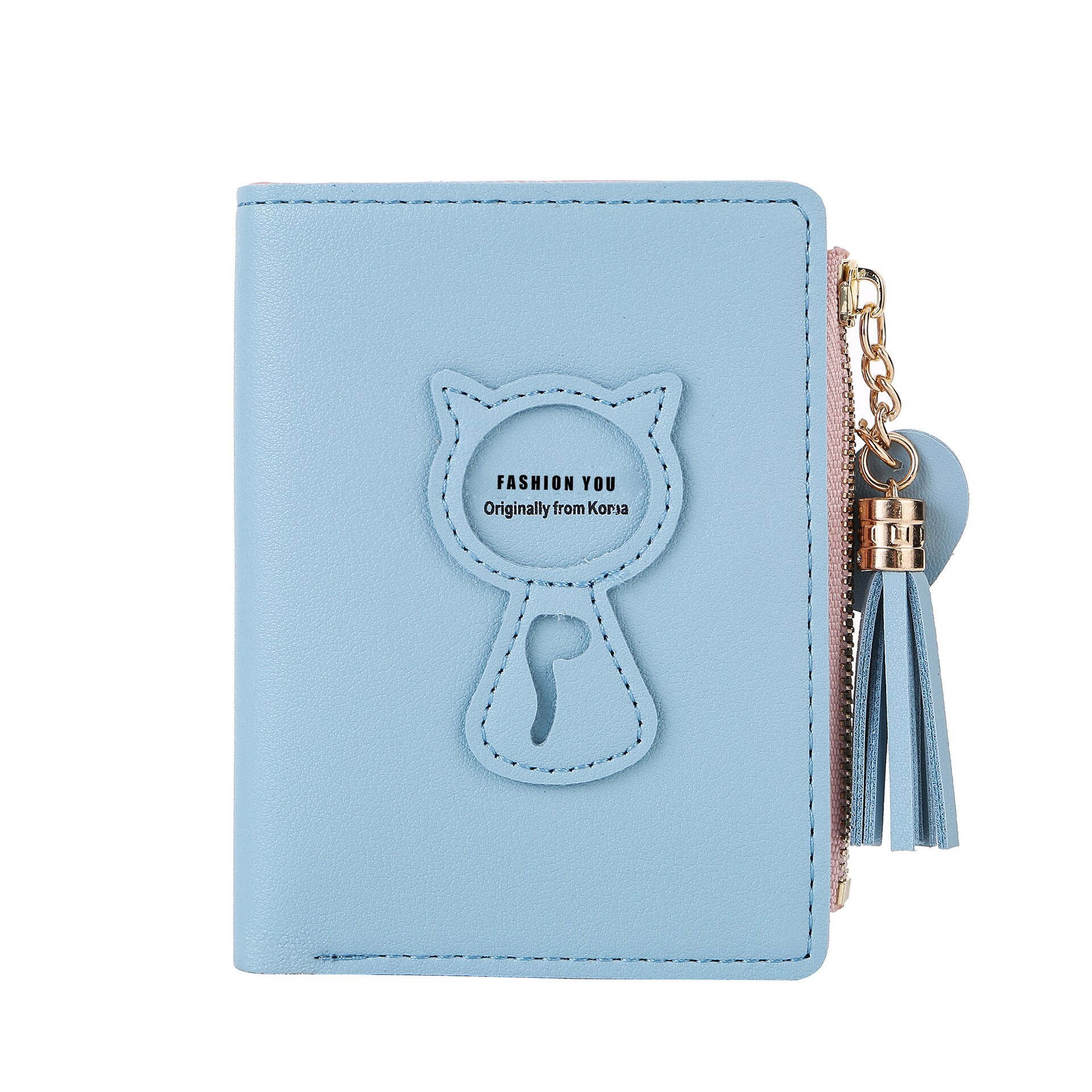 Vrouwen Korte Portemonnee Koreaanse Mode Eenvoudige Student Portemonnee Kat Mini Kwastje Rits Portemonnee Paspoort Cover Kleine Portemonnee: Light Blue