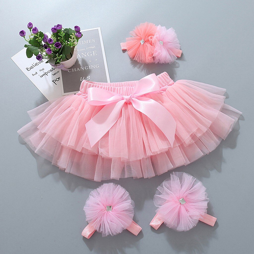 Småbørn barn baby pige mesh sløjfe hårbånd fodstrop prinsesse nederdel flerlags blonder tutu baby pige tøj