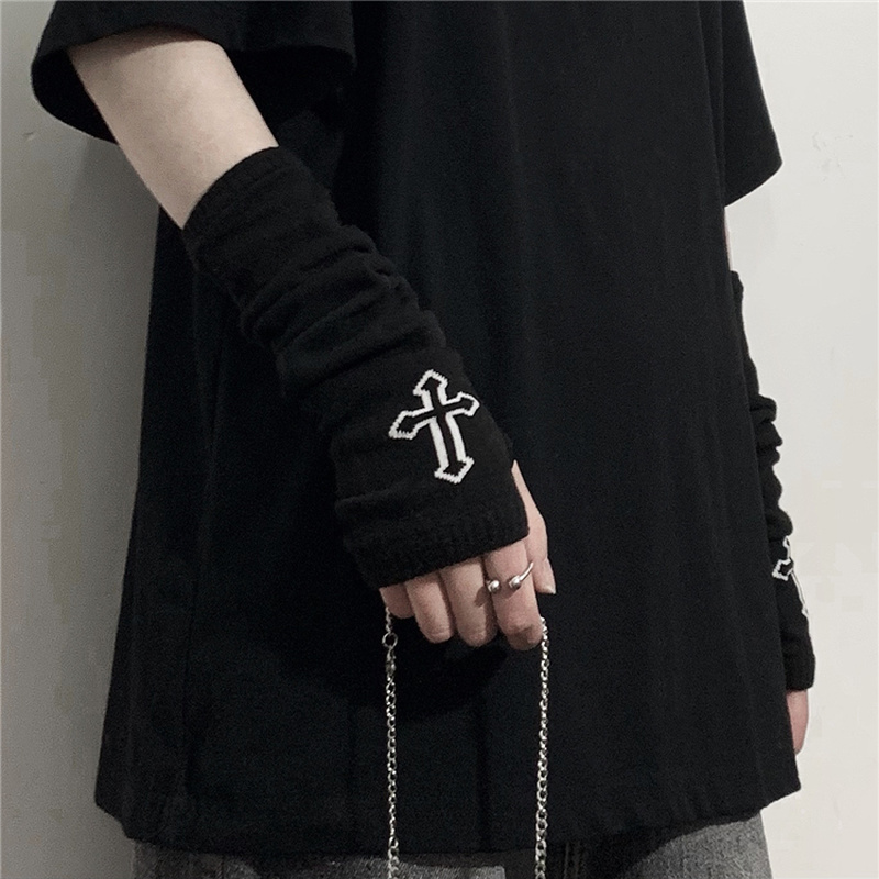 Streetwear Aesthetic Cross Printed Arm Warmers Grunge Emo Alt Mall Goth Women Oversleeve Harjuku Half Finger Glove Sleeve Unisex